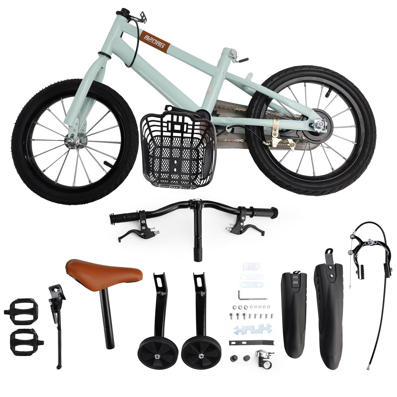 16" Children Bicycle Toddlers Bike with Training Wheels Basket Kickstand Cyan