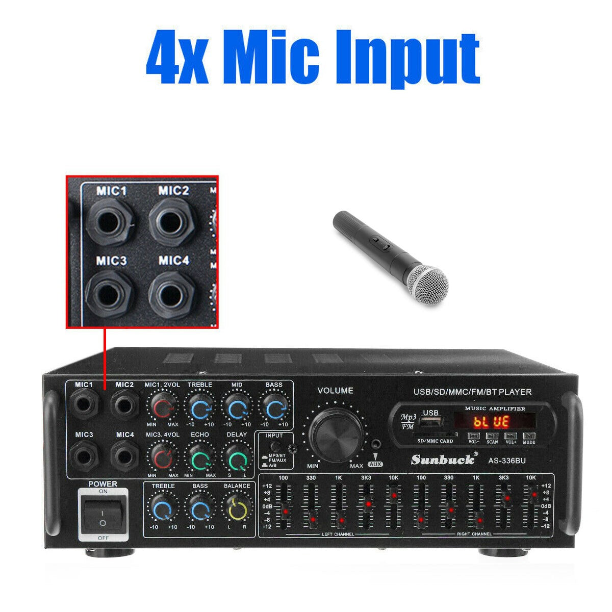 Sunbuck 110V 2000W 2CH EQ Bluetooth Stereo Amplifier Support USB Disk SD Card