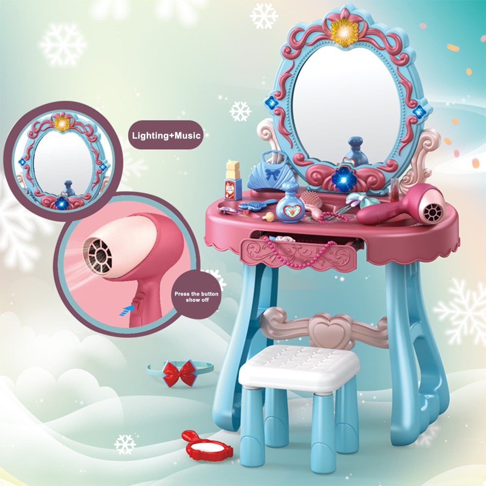 Toddler Makeup Table with Mirror and Chair Kids Vanity Set with Blowdryer for 3+