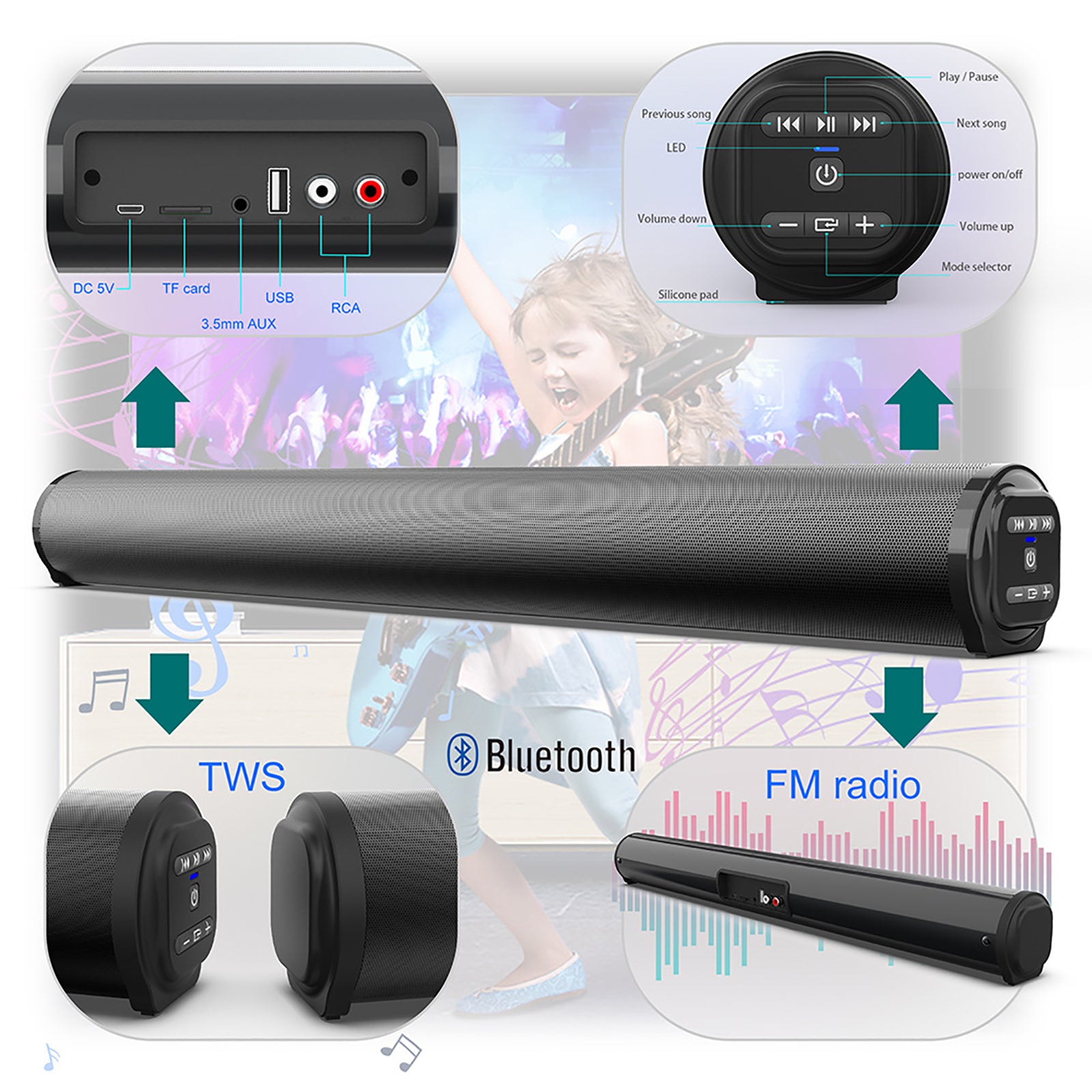 4 Speaker System Bluetooth Surround Sound Bar Wireless Subwoofer TV Home Theater