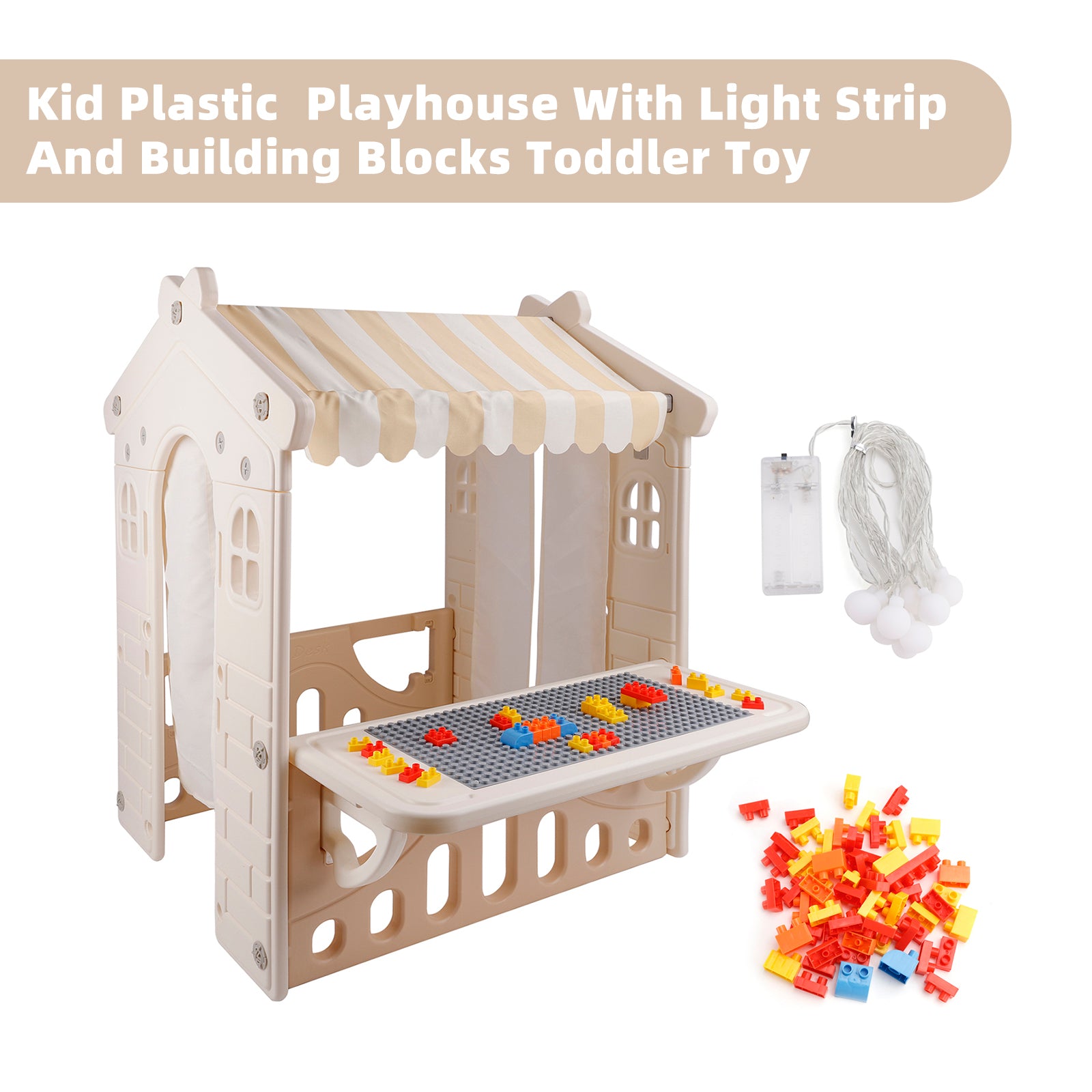 Kids Plastic Outdoor Playhouse with Lights & Building Blocks – Toddler Playhouse Toy for Backyard & Garden Fun