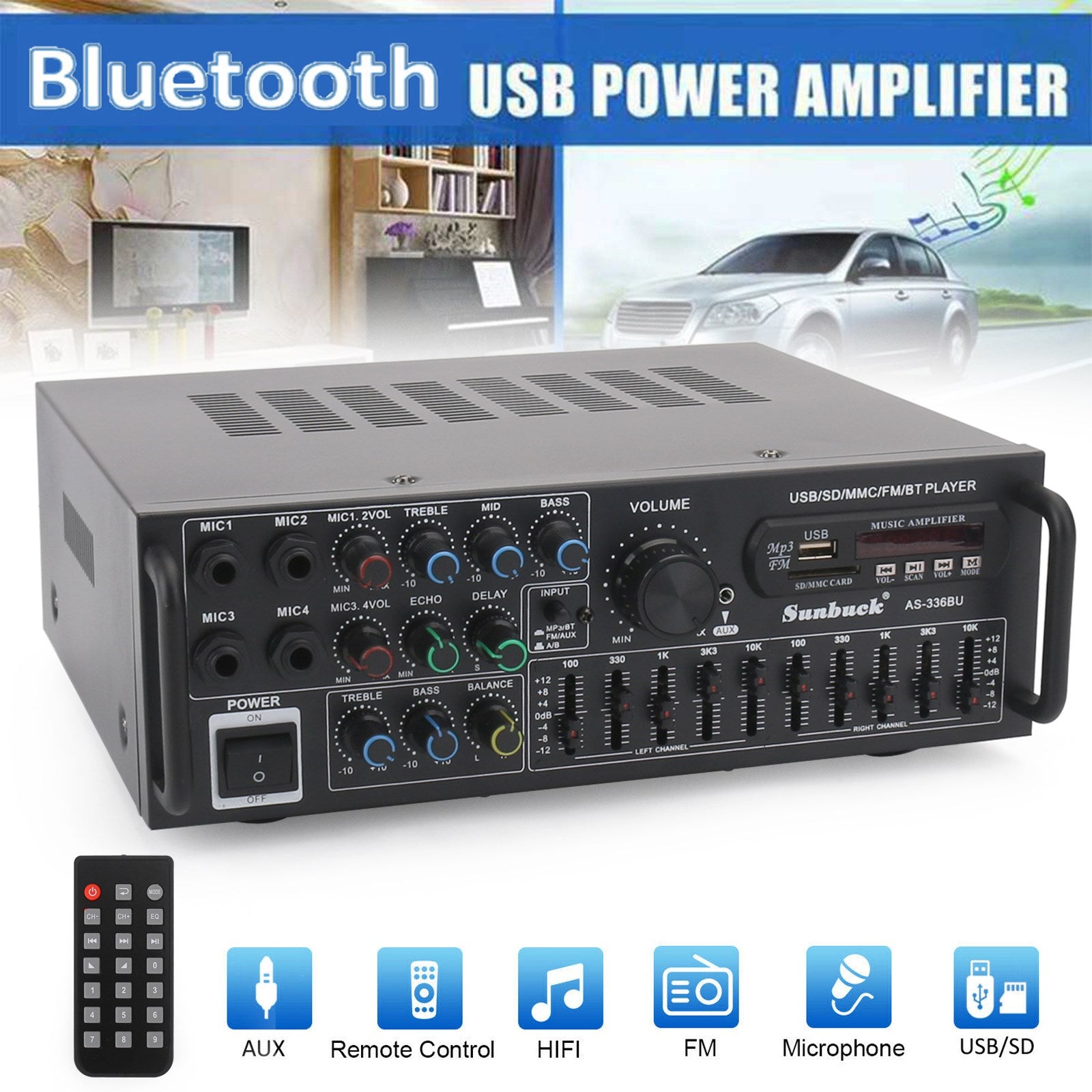 Sunbuck 110V 2000W 2CH EQ Bluetooth Stereo Amplifier Support USB Disk SD Card