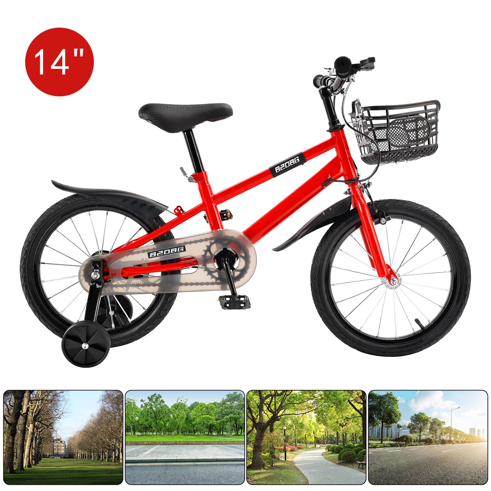18" Children Bicycle Toddlers Bike with Training Wheels Basket Kickstand Red