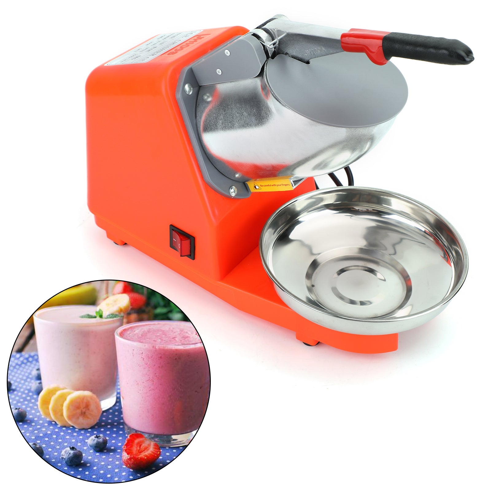 Summer Essential Orange 300W Electric Ice Crusher Machine,Shaver Snow Cone Maker,Dual Blades Aluminium Cover, Kitchen Utensils for Home Commercial Use
