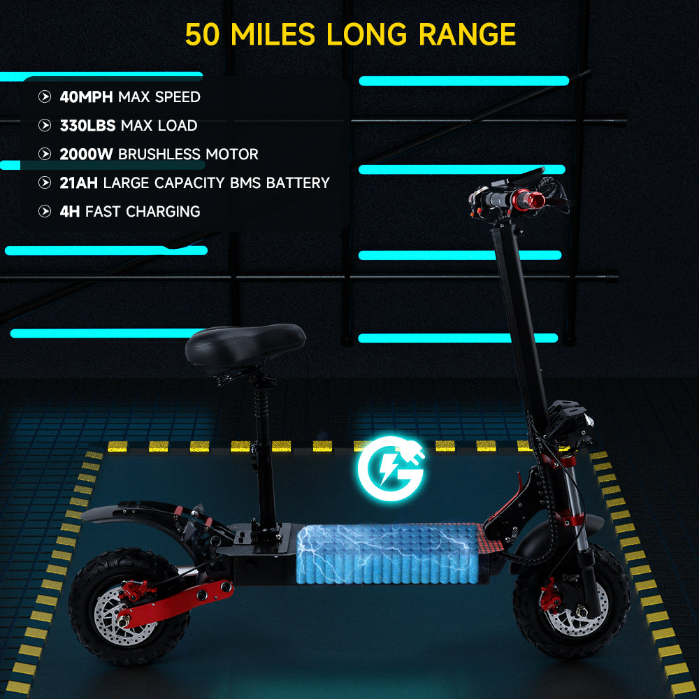2000W 21ah off-road alloy electric scooter for adult，With large display screen,  Dual drive 12" tires