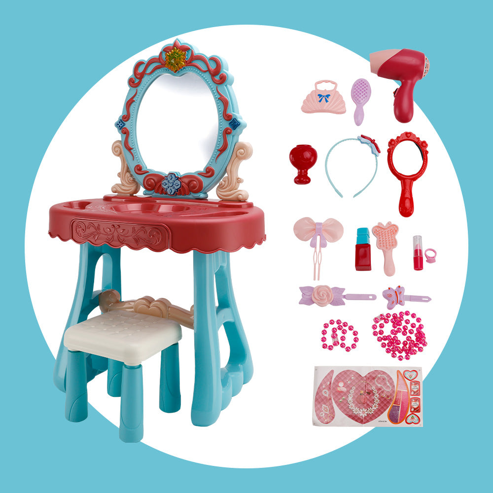 Toddler Makeup Table with Mirror and Chair Kids Vanity Set with Blowdryer for 3+
