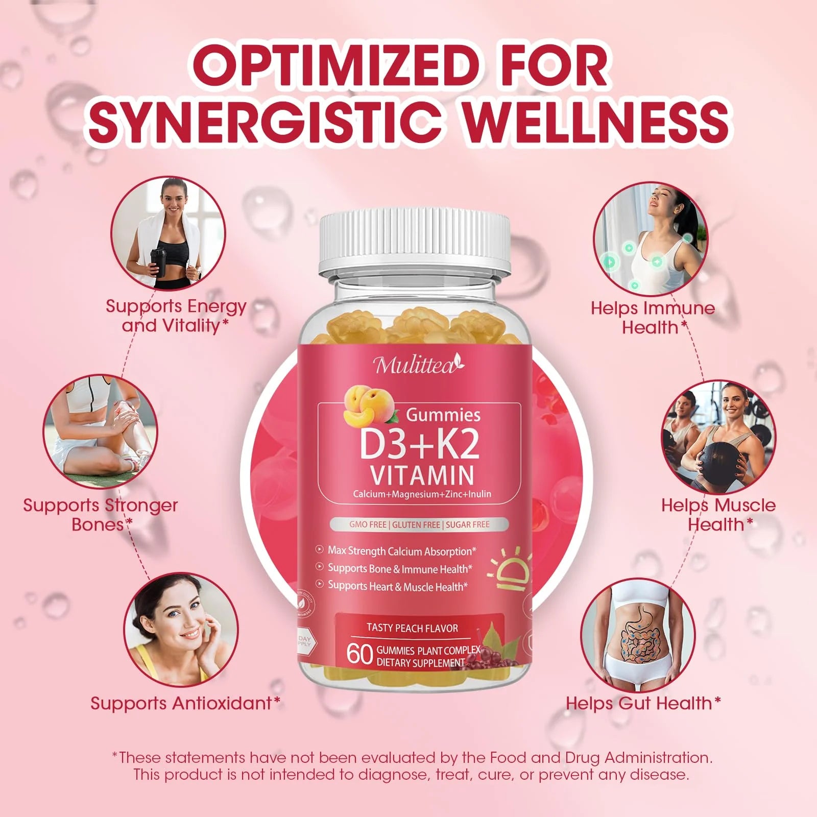 Vitamin D3 10000iu with K2 (MK7) 200mcg -Formulated with Calcium Magnesium Zinc & Inulin–Immune Support, Bone & Heart Health, Enhanced Absorption, Sugar-Free Gummies -Peach Flavor-60 Counts