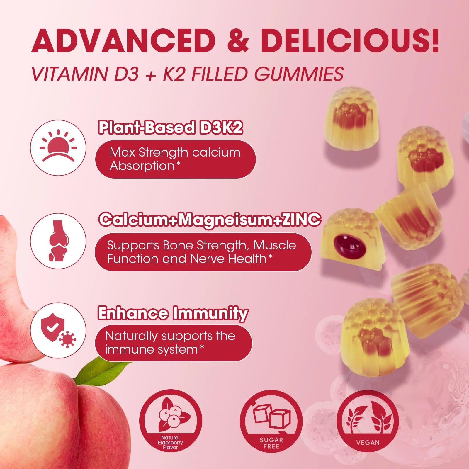 Vitamin D3 10000iu with K2 (MK7) 200mcg -Formulated with Calcium Magnesium Zinc & Inulin–Immune Support, Bone & Heart Health, Enhanced Absorption, Sugar-Free Gummies -Peach Flavor-60 Counts