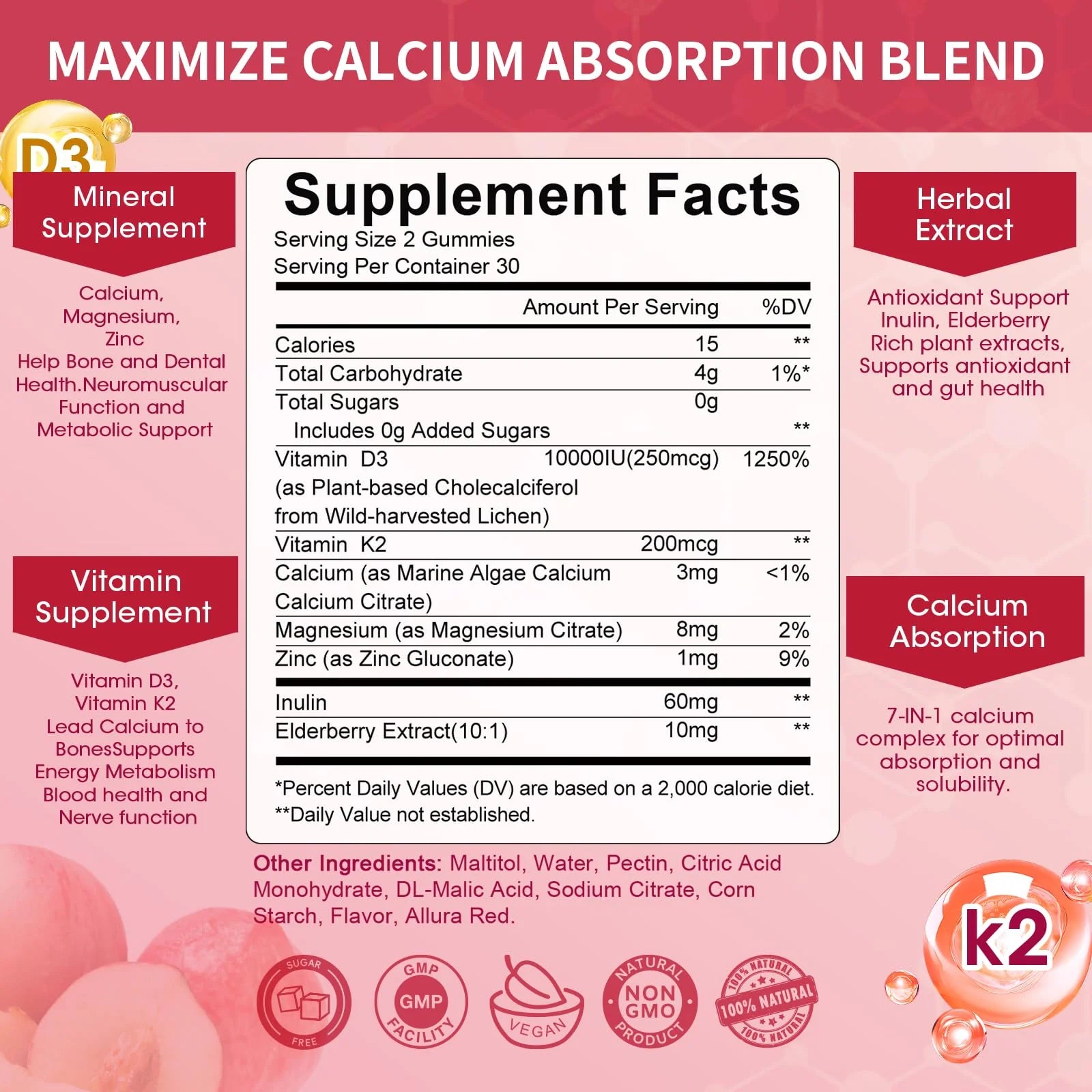 Vitamin D3 10000iu with K2 (MK7) 200mcg -Formulated with Calcium Magnesium Zinc & Inulin–Immune Support, Bone & Heart Health, Enhanced Absorption, Sugar-Free Gummies -Peach Flavor-60 Counts