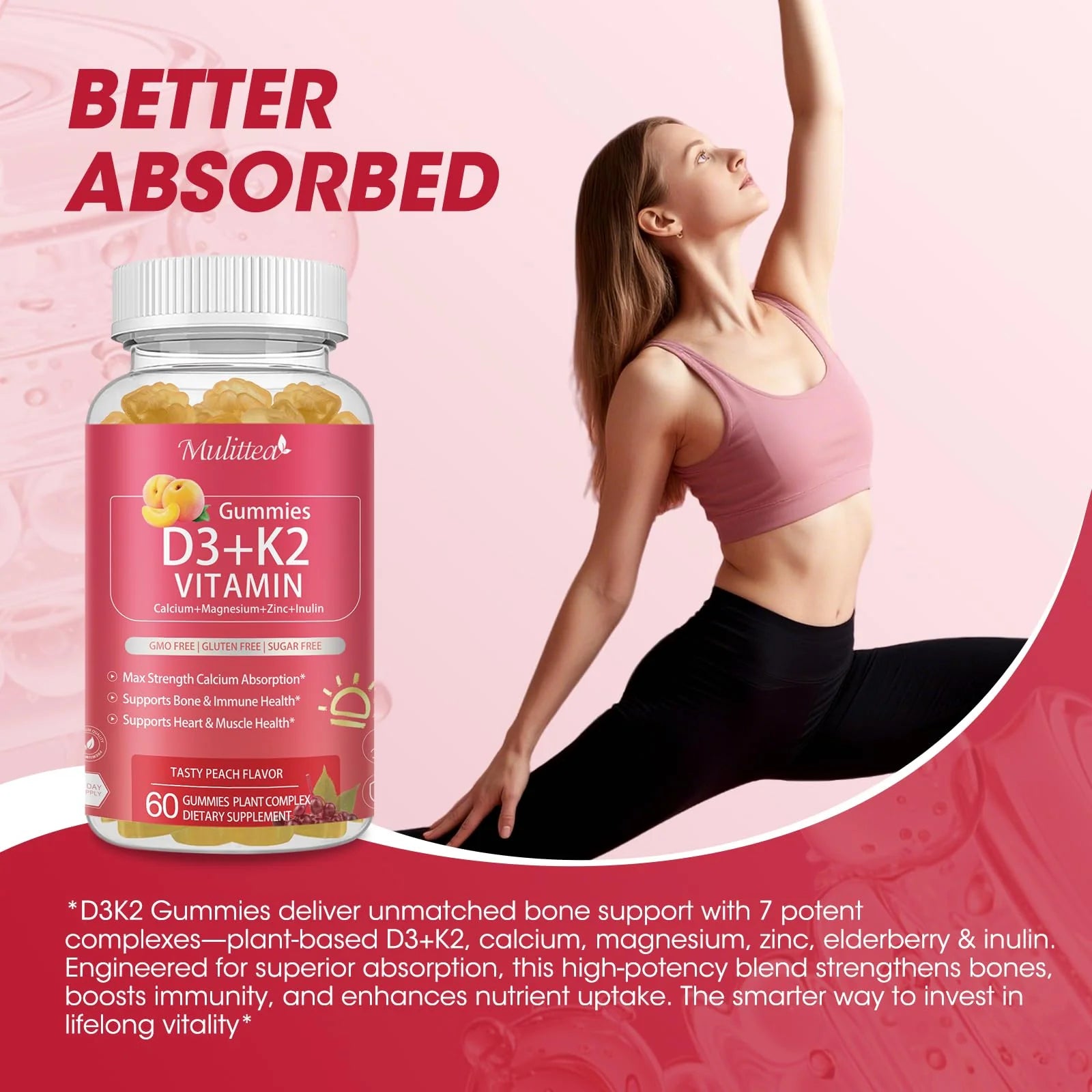 Vitamin D3 10000iu with K2 (MK7) 200mcg -Formulated with Calcium Magnesium Zinc & Inulin–Immune Support, Bone & Heart Health, Enhanced Absorption, Sugar-Free Gummies -Peach Flavor-60 Counts