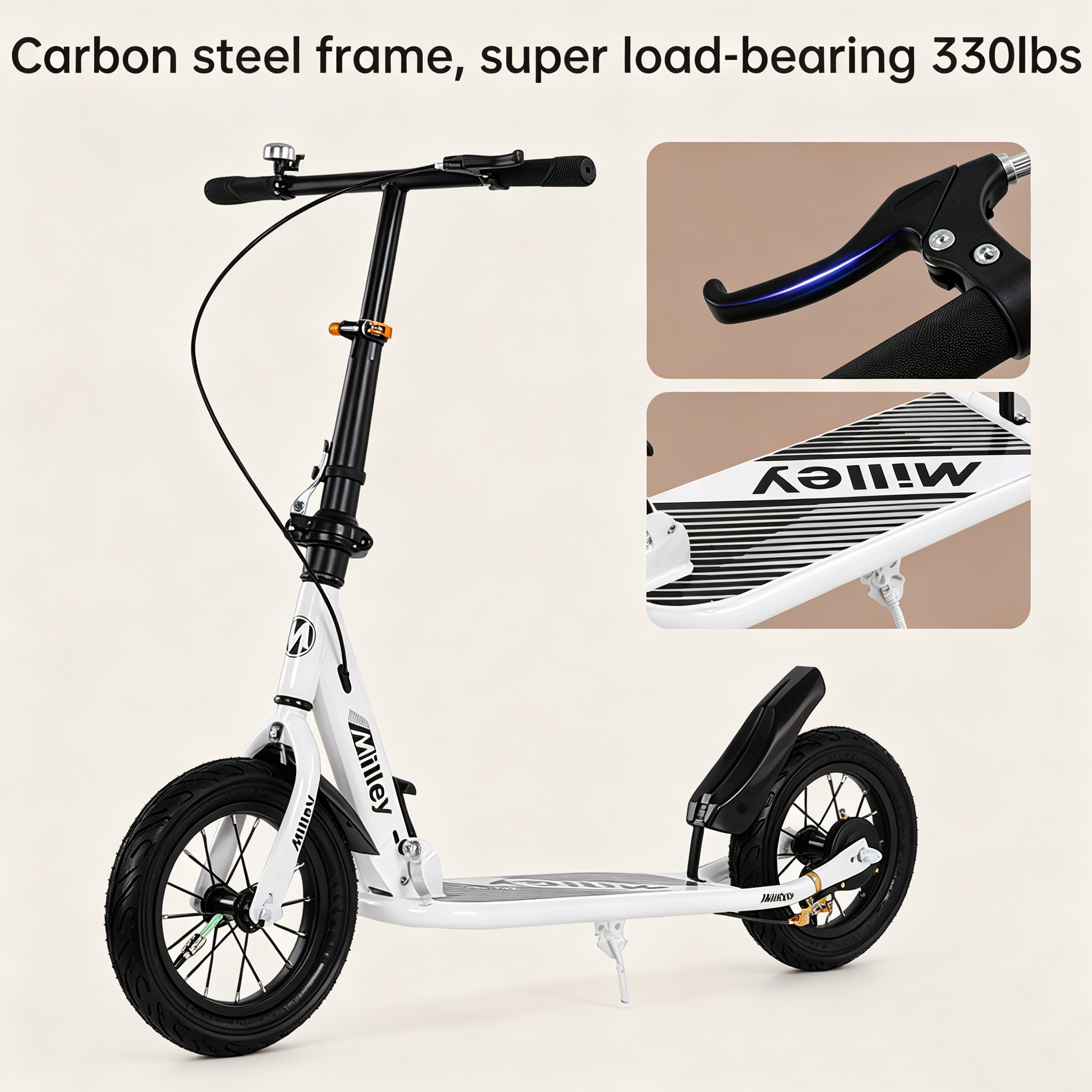 White Kick Scooter for Grown-Ups & Teens – Smooth Ride, Folding Design, Air-Filled Tires